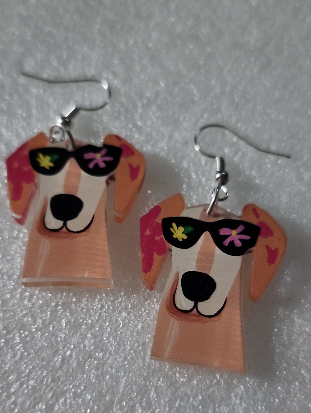 Hand Crafted Tan Pink Dog Face Earrings with Black Sunglasses
